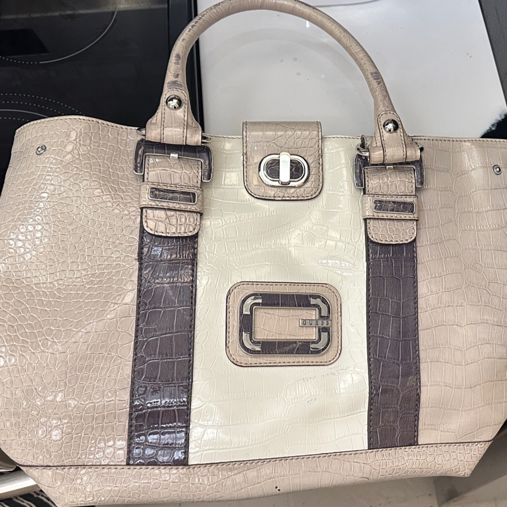 Guess Cream and Brown Croc-Embossed Tote
